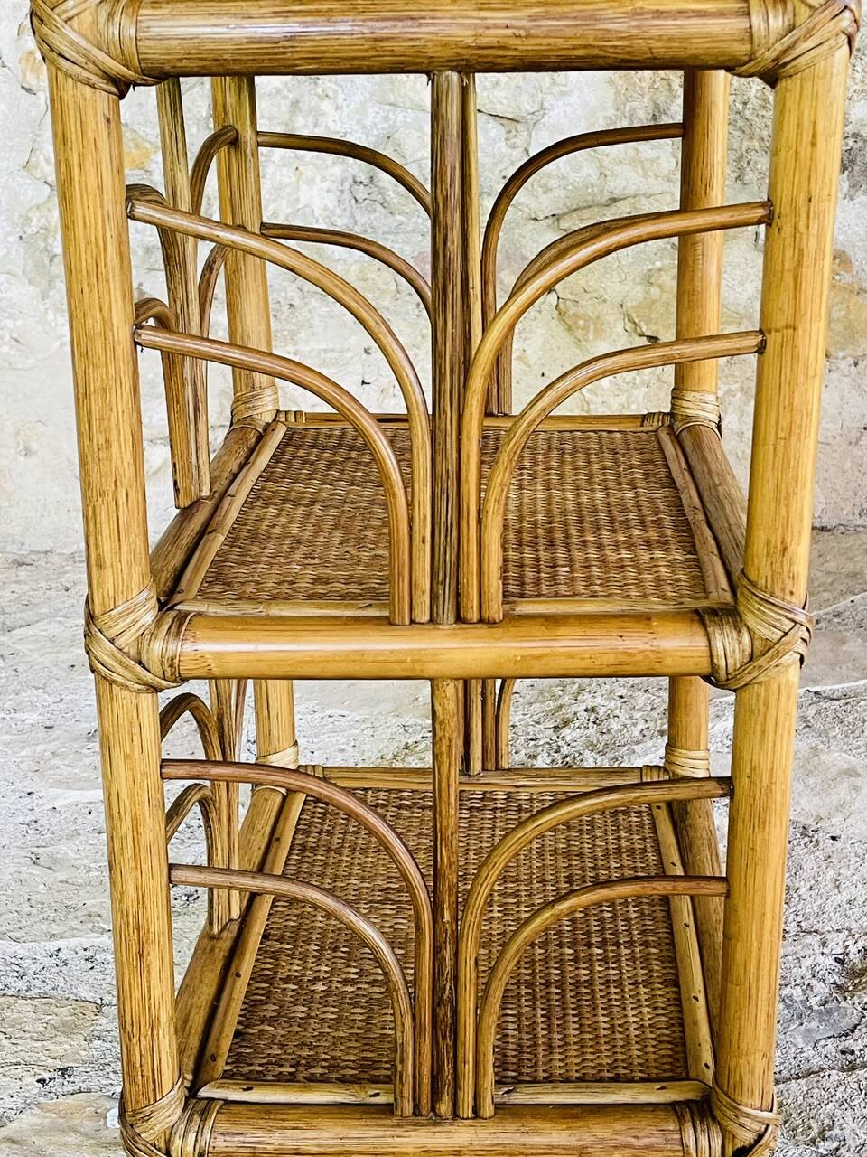 Vintage three-tiered shelf on legs, Bamboo, Rattan, Wicker circa 1970s