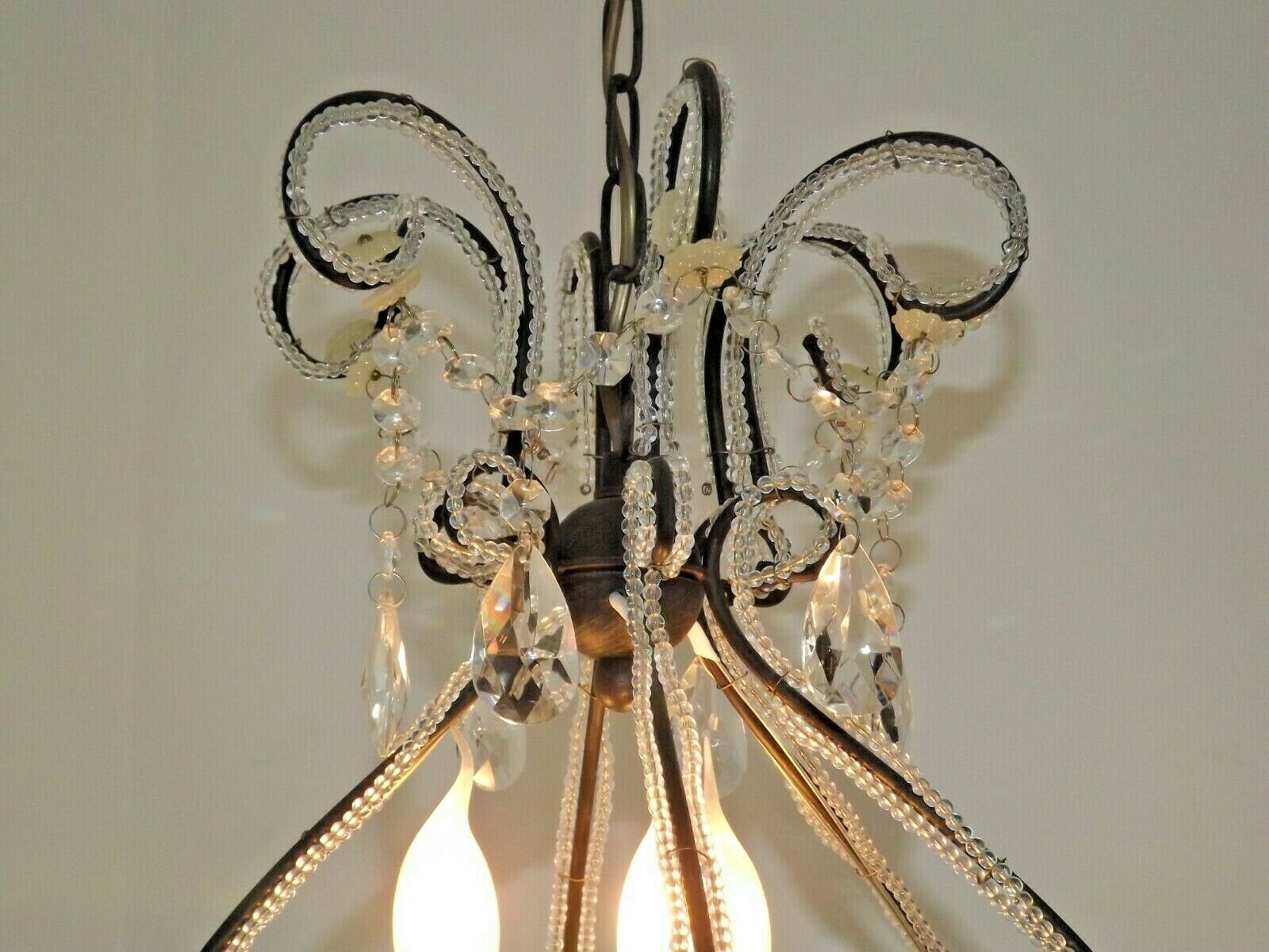 French Parisian Chic Black 3 Light Crystal Beaded 6 Sided Cage Chandelier 3620