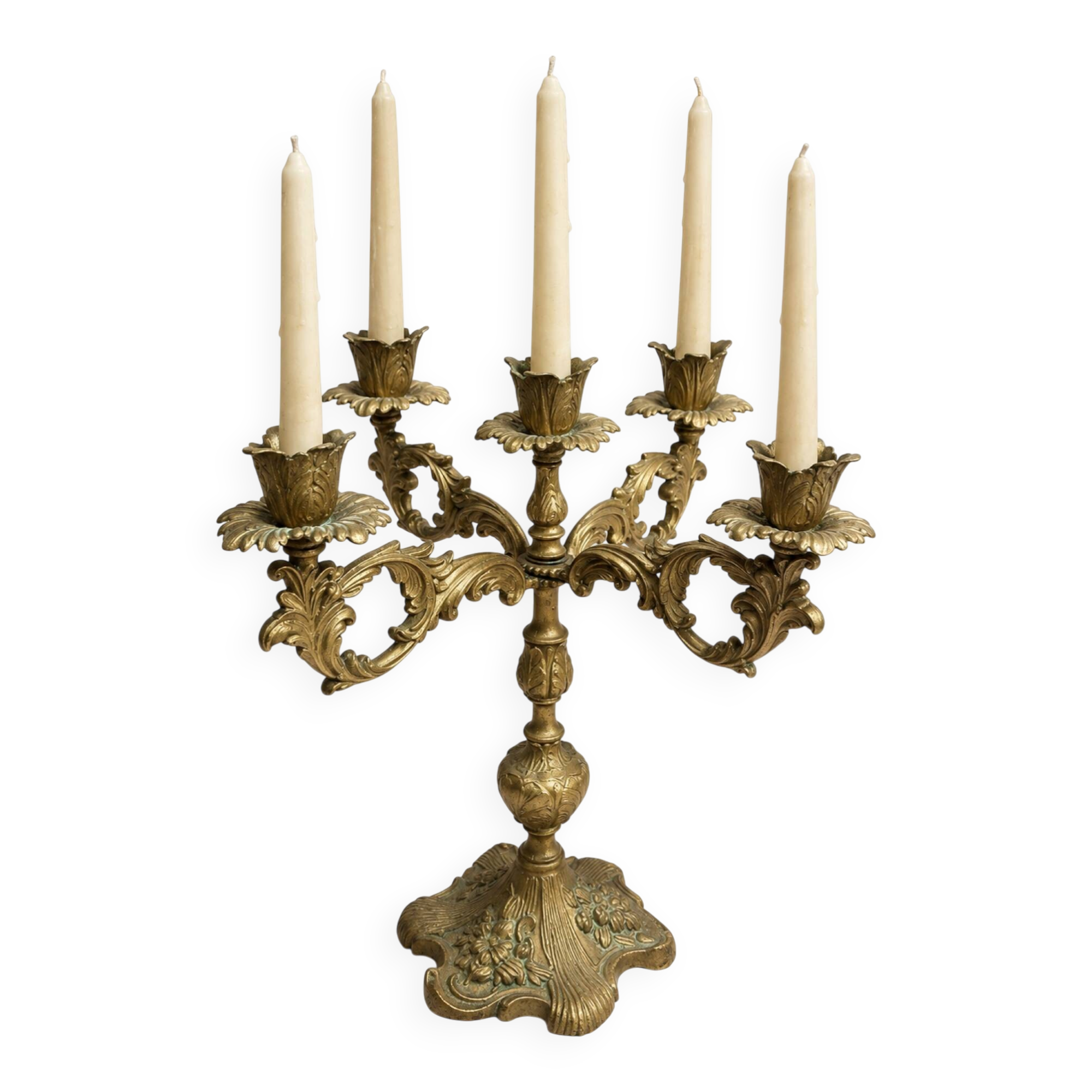 Italian candelabrum with five lights in gilded metal, rococo decoration and fe