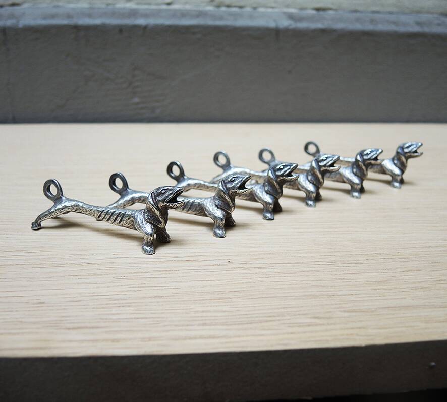 6 antique dachshund metal knife holders