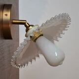 Golden articulated wall lamp, white opaline in pleated glass