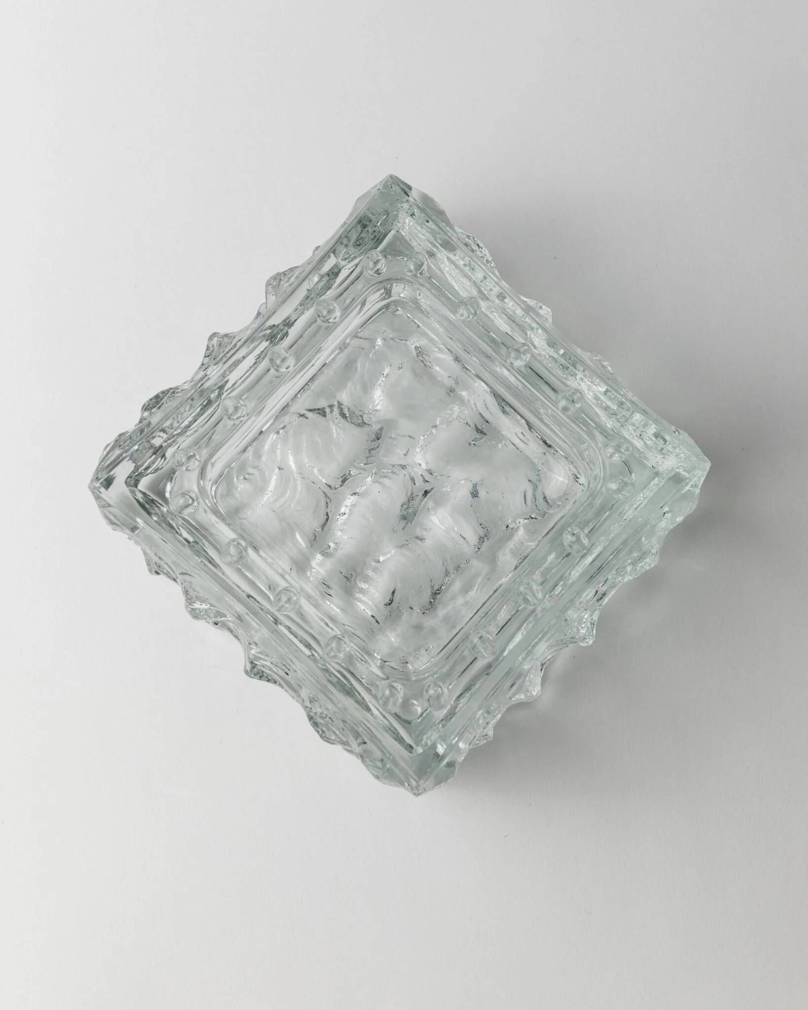 Large Vintage Murano Glass Ashtray - Transparent Glass with Ice Texture, Italian 1970s Design
