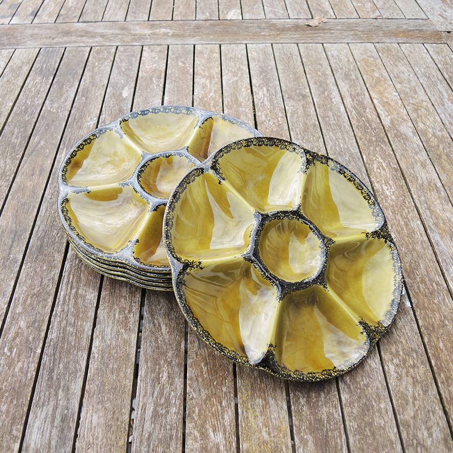 6 Old Oyster Plates in Green Ceramic from Gien