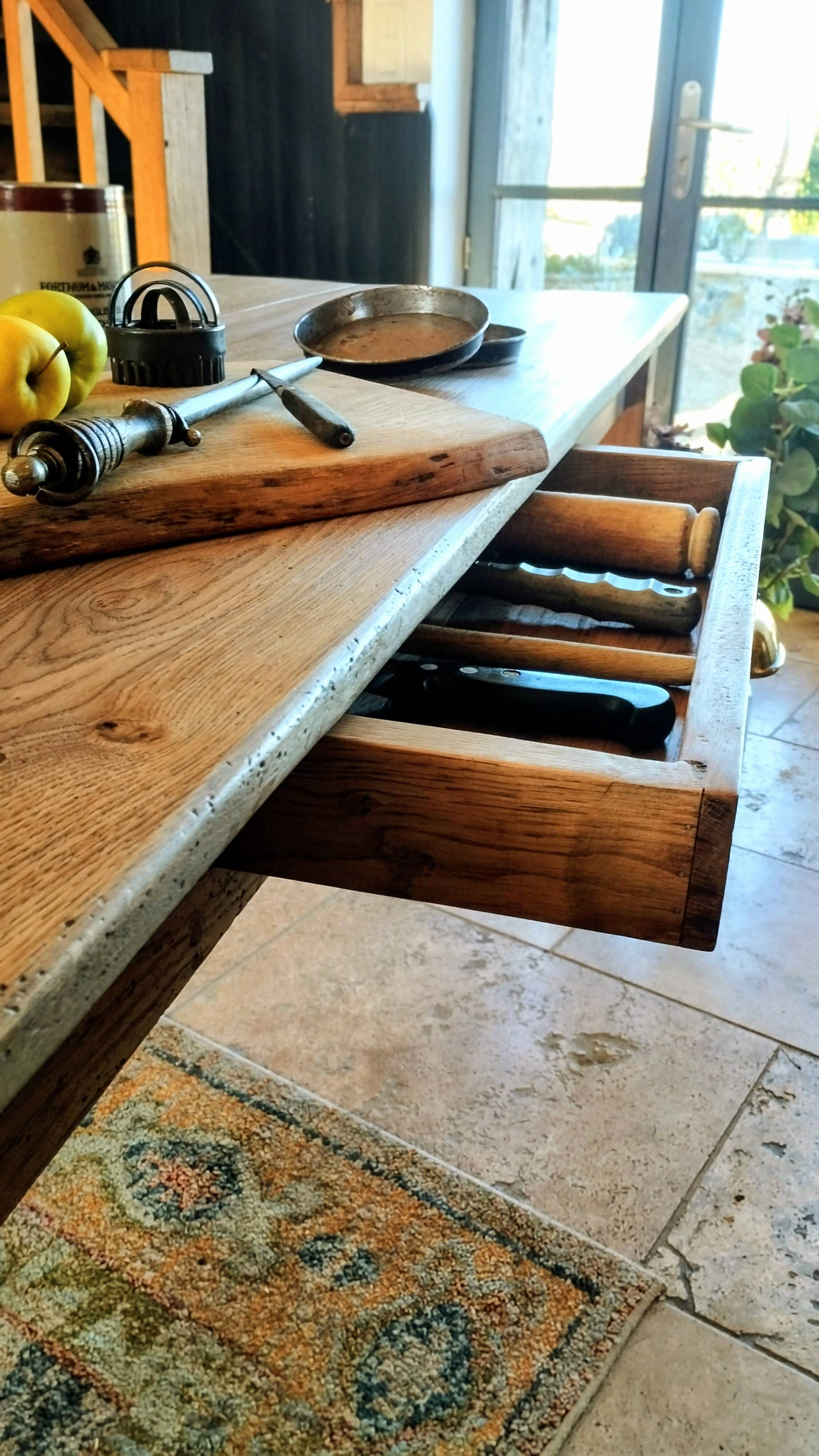 Solid oak farmhouse table with central drawer and extension