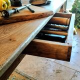 Solid oak farmhouse table with central drawer and extension