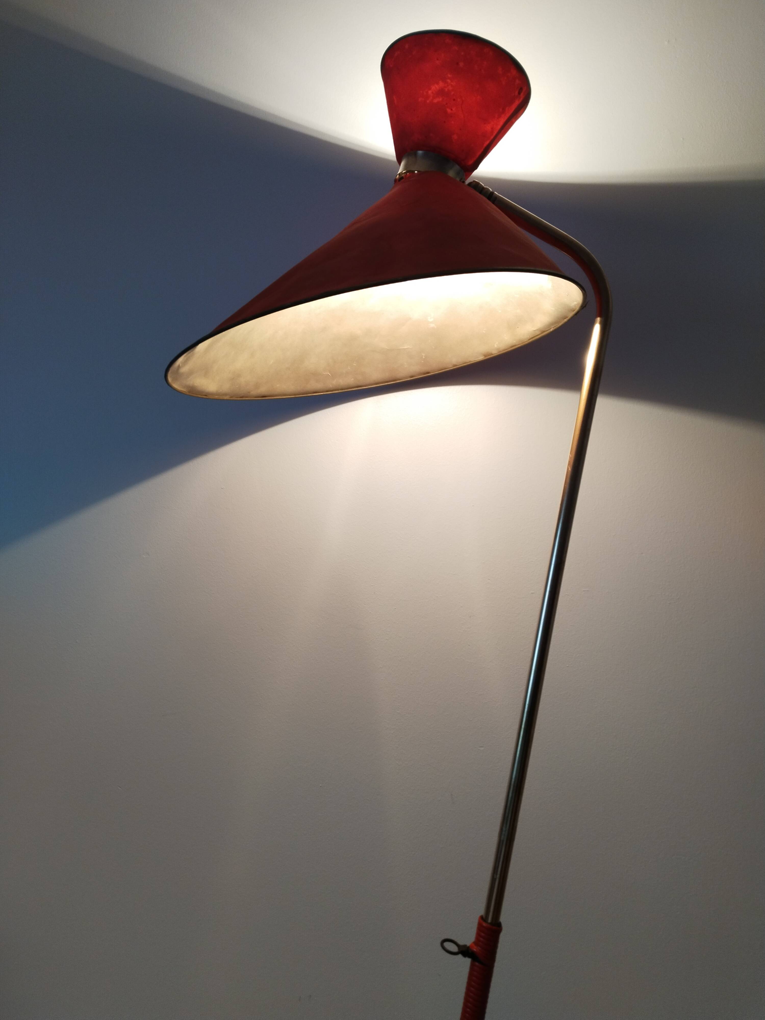 Scoubidou tripod floor lamp, Lunel style diabolo lampshade, 1950s