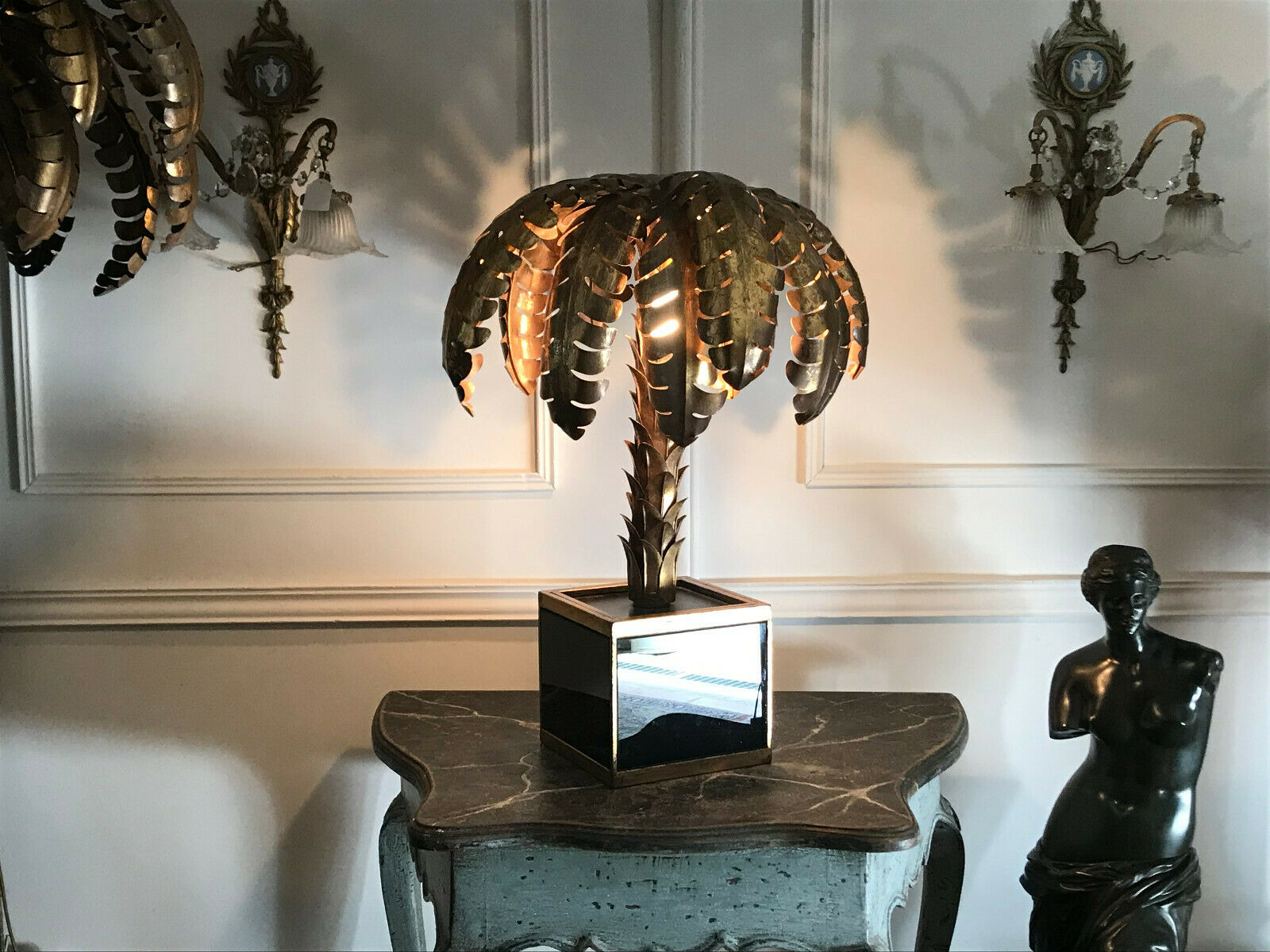 Palm tree table lamp in gilded metal and base in glass plates style year 70