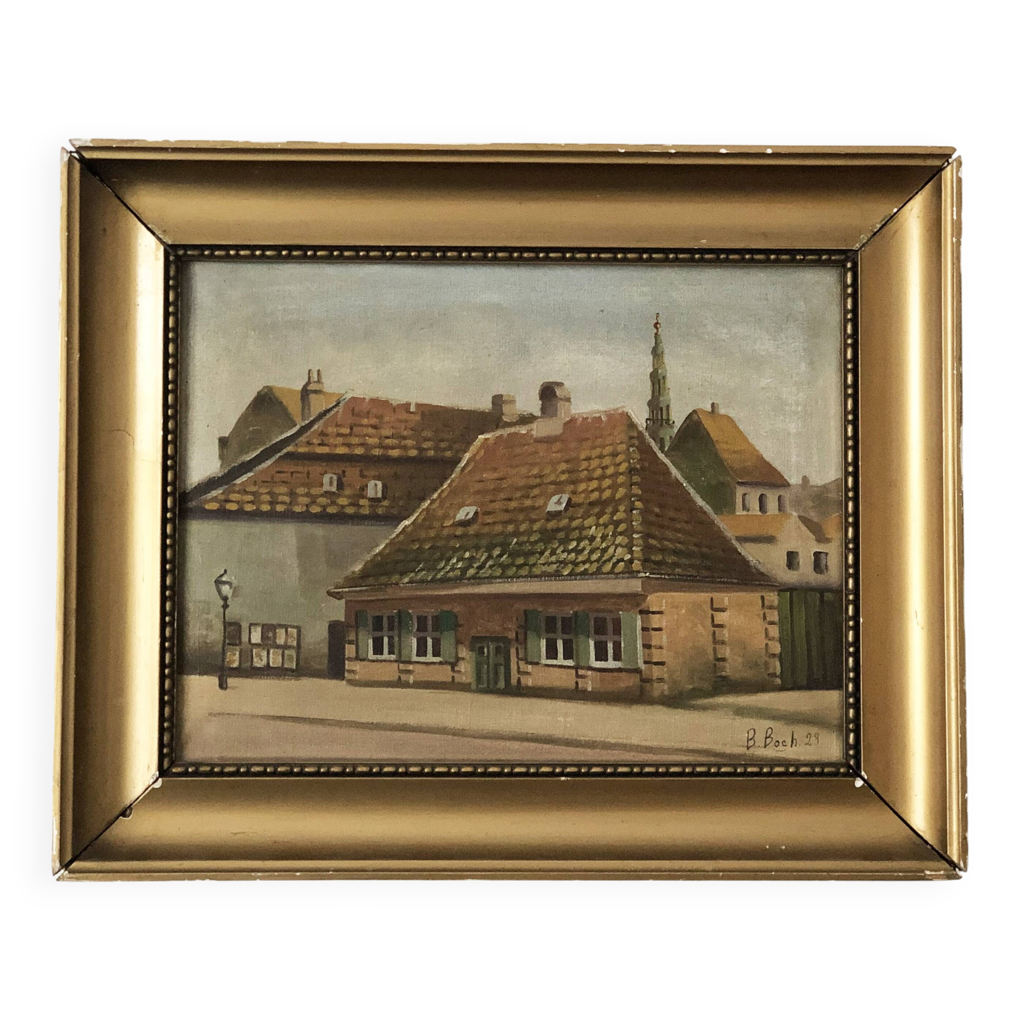 Large Original Vintage Countryside Cottage Oil Painting, circa 1923