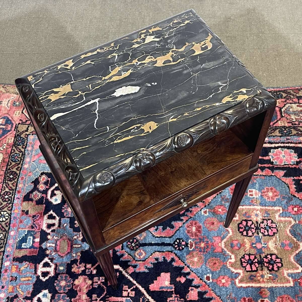 Art Deco bedside table in rosewood, walnut burl, and marble top.