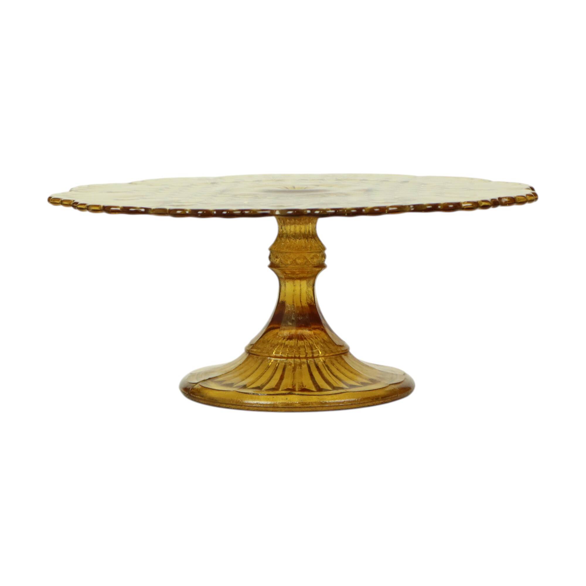 Assiette à gâteau vintage Art déco en verre pressé ambré 30 cm