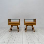 1960s vintage pair of mid-century walnut nightstands with glass shelves