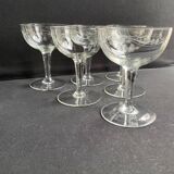 6 Champagne glasses – Cut and engraved glass – Art Deco