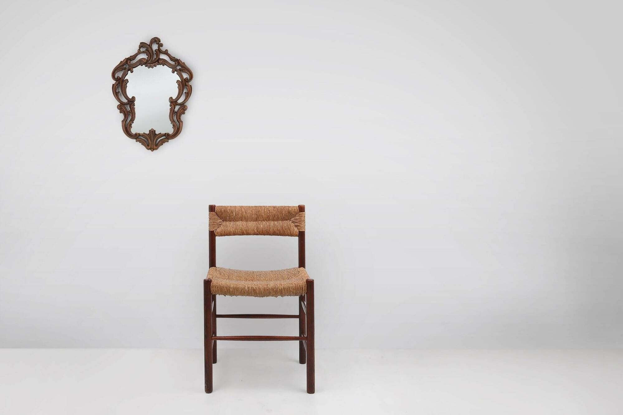Baroque Mirror with Hand Carved Oak Ornated Frame, France 1950s