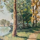 1940s French Landscape oil painting on canvas River, trees and path