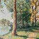 1940s French Landscape oil painting on canvas River, trees and path