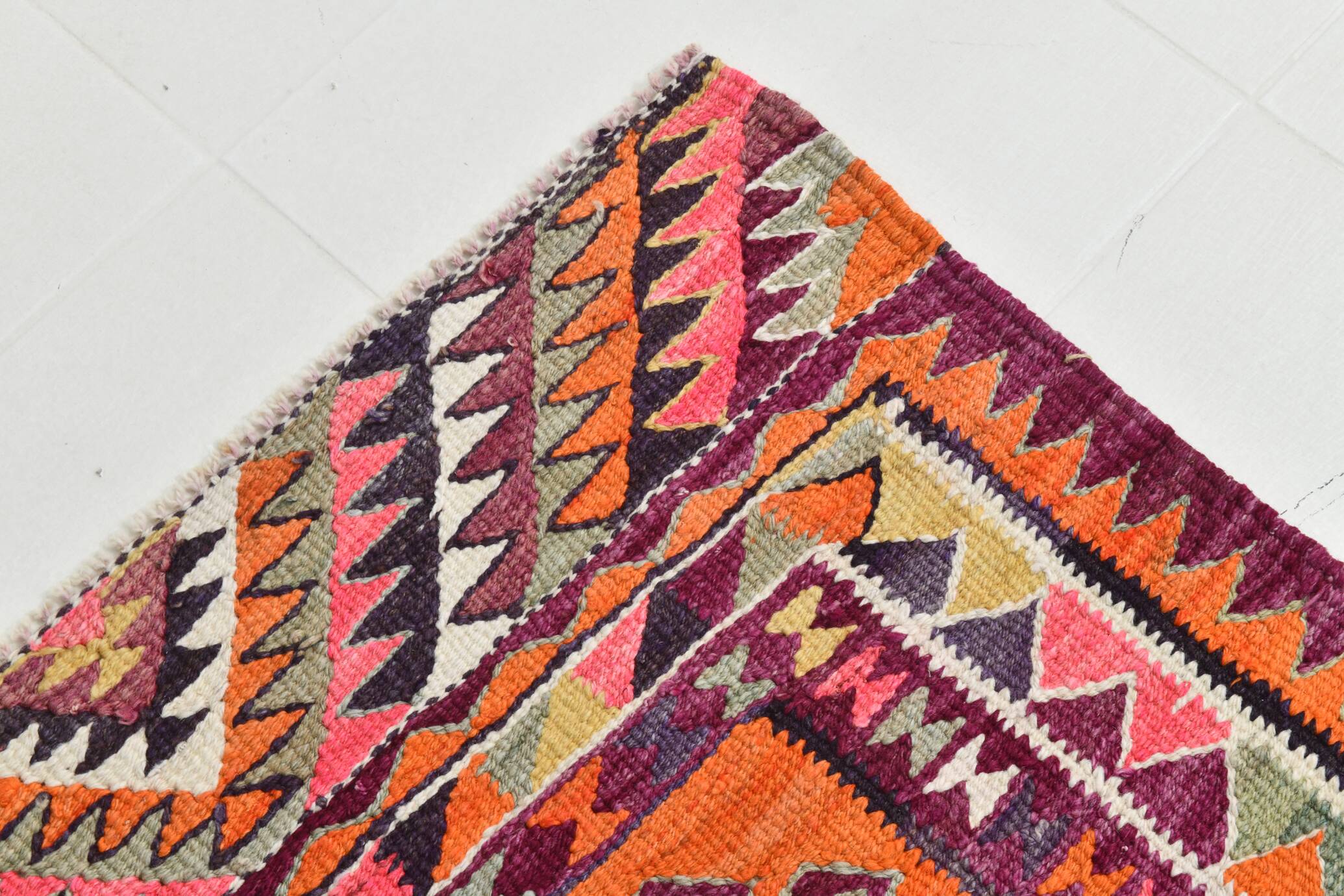 Burgundy & Orange Vintage Kilim Runner Rug, 92x292Cm