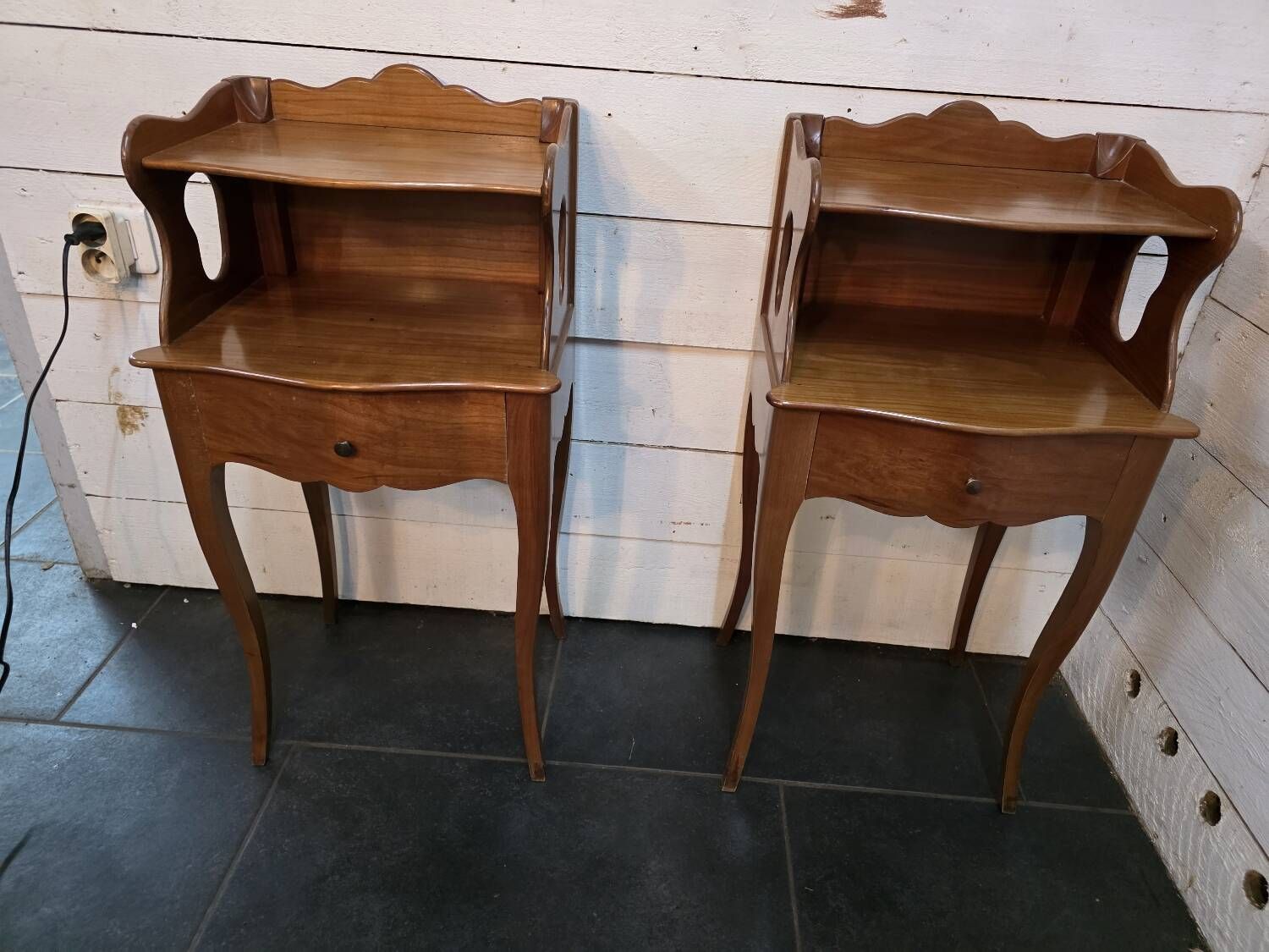 Pair of Louis XV style curved bedside tables in cherry wood