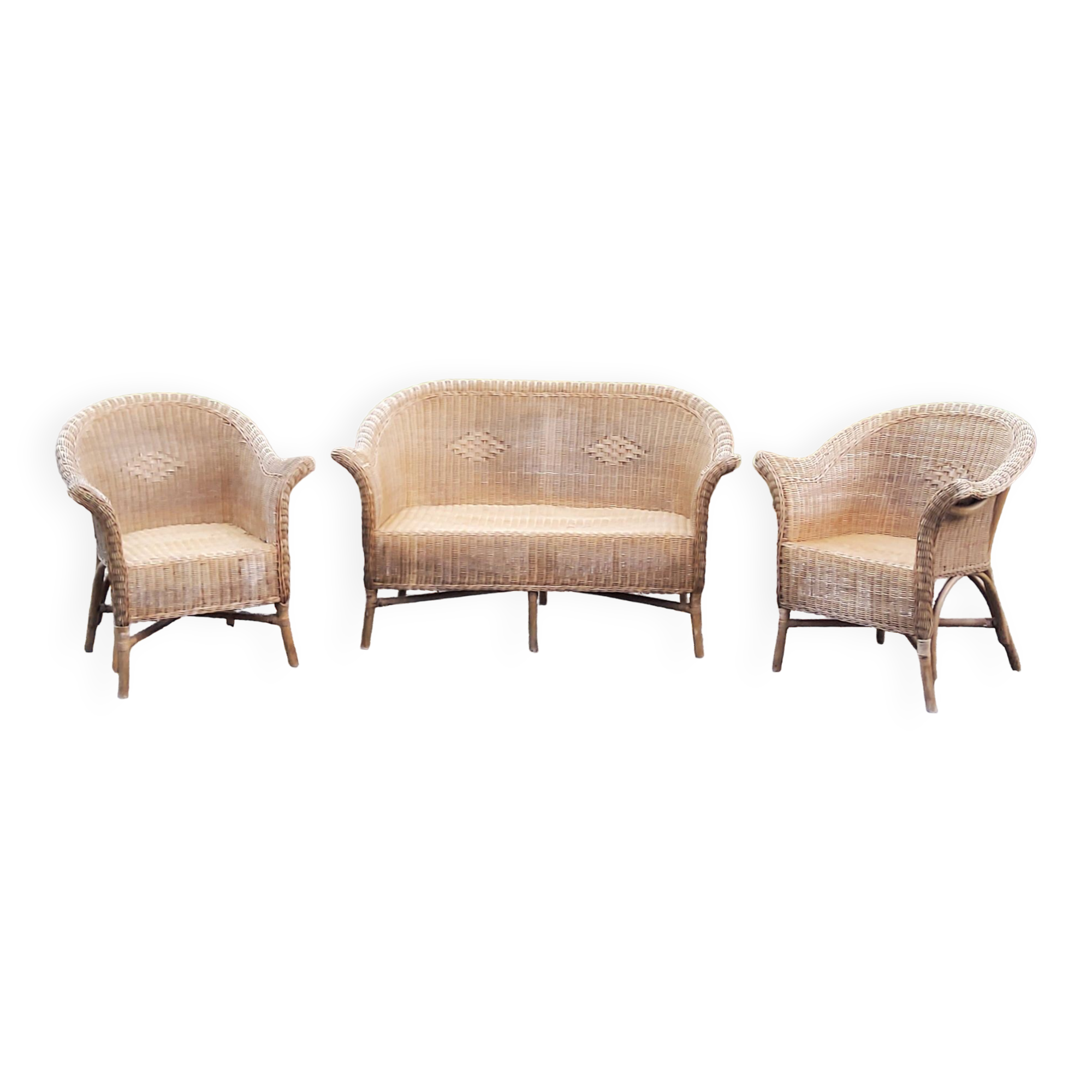 Pair of armchairs and bench in rattan and bamboo from the 60s/70s