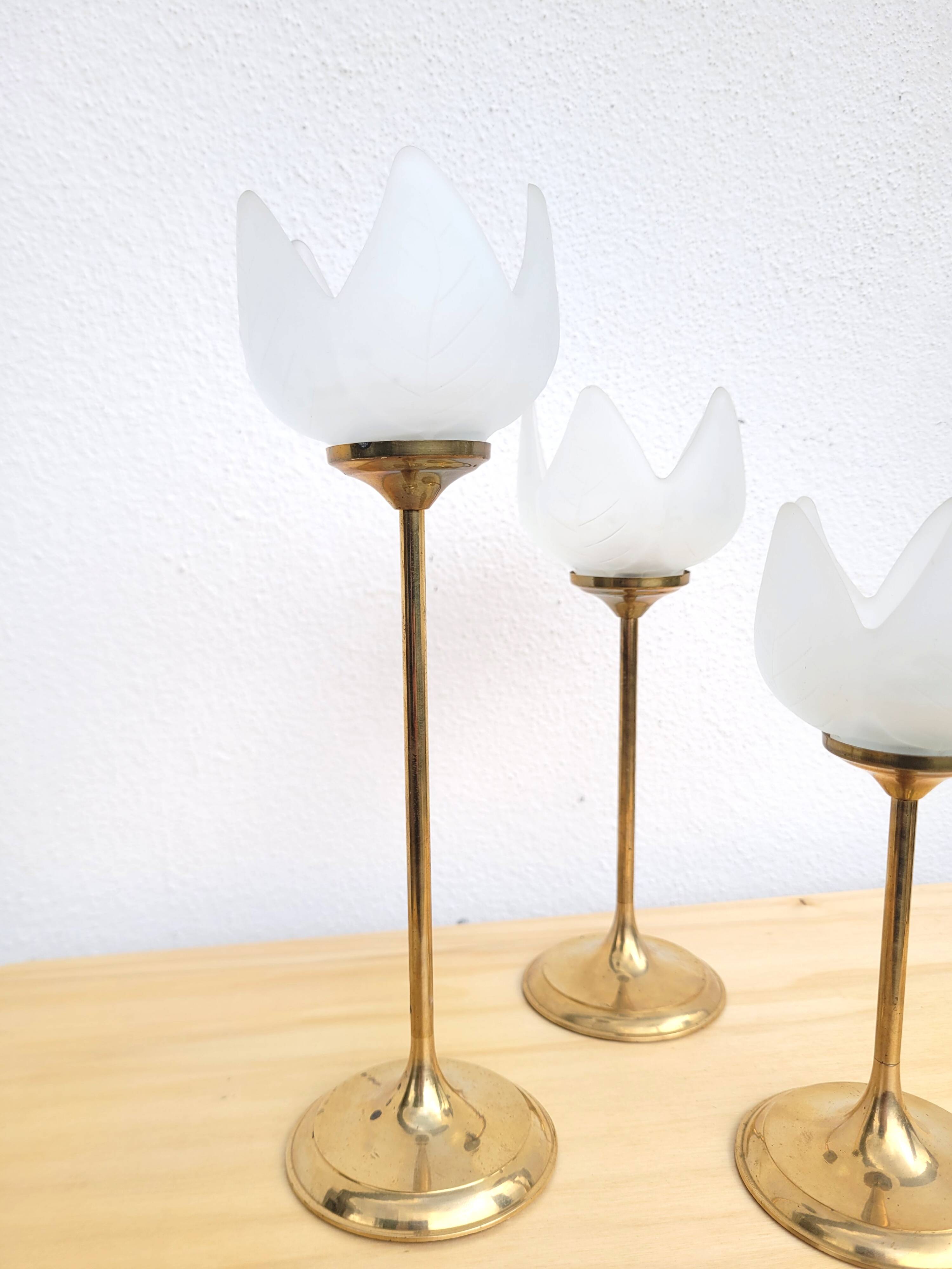 Set of 3 flower candle holders in gold-plated brass