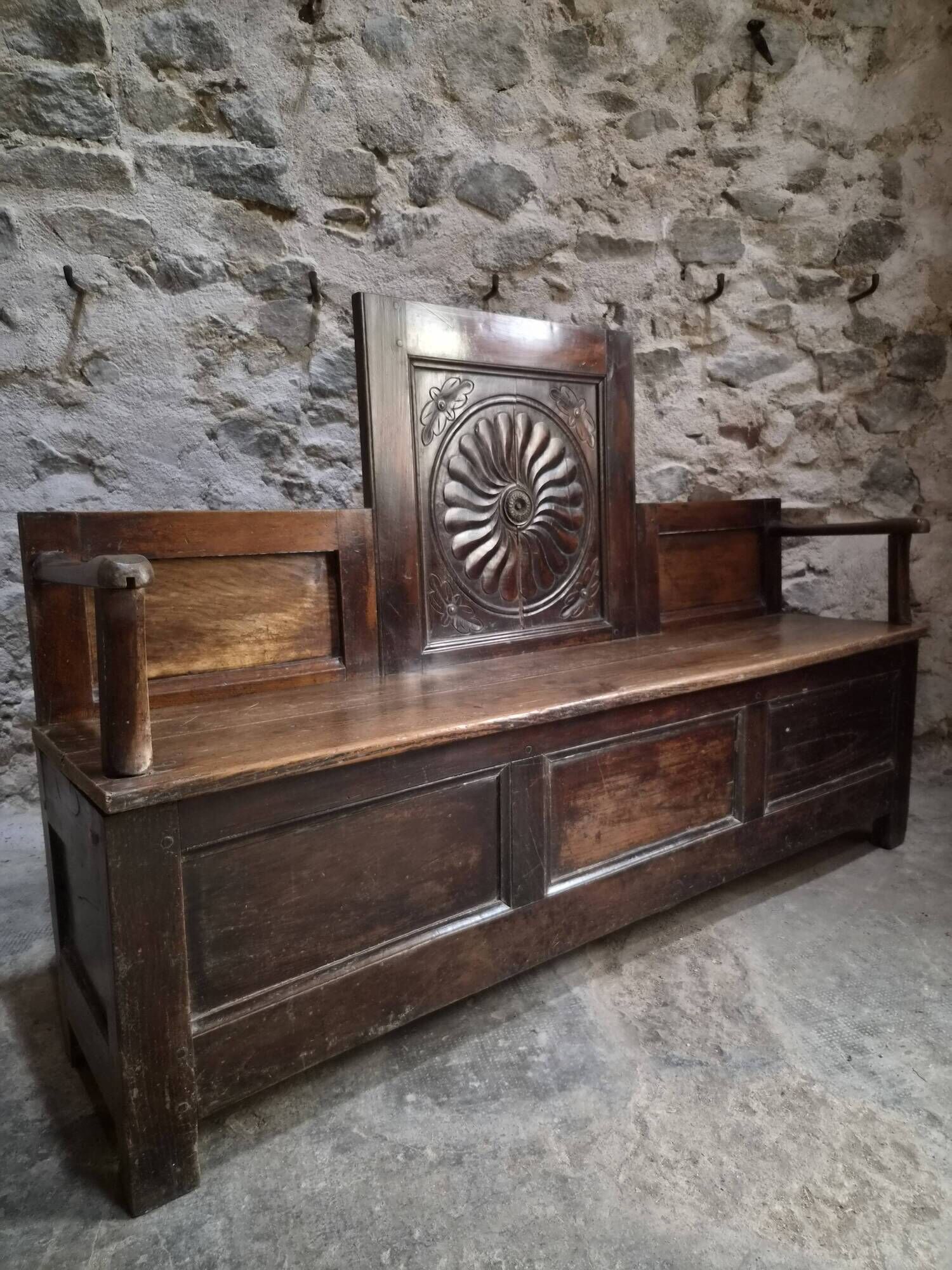 Old French popular art bench from Auvergne, circa 1800–1850