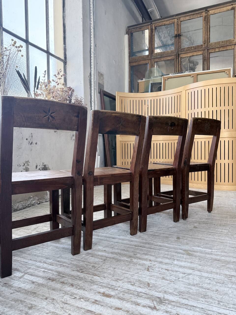 Set of 4 Savoyard pine folk art chairs from the 1950s.