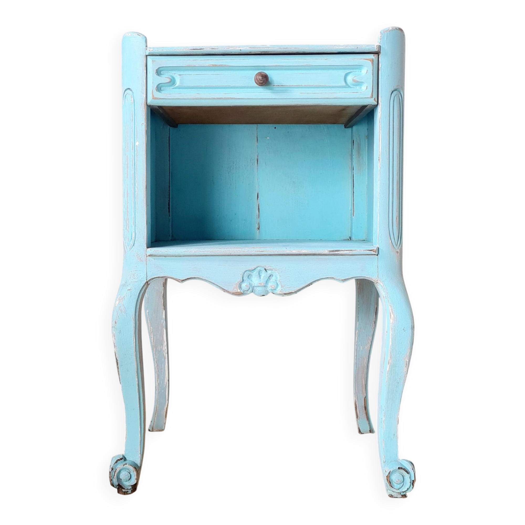 Small vintage bedside table in azure blue patina.