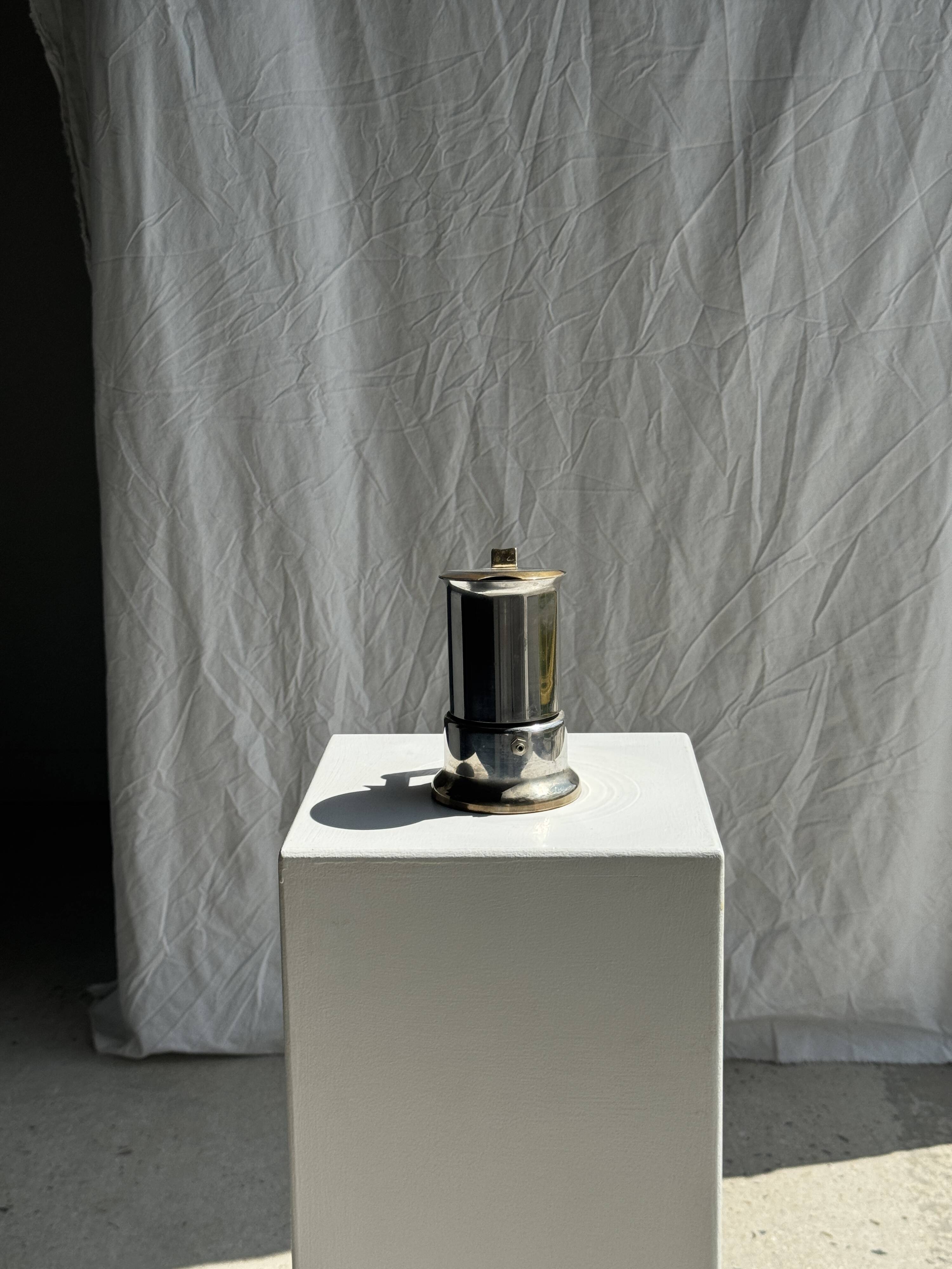 Small silver and gold Italian coffee maker Alpu-F Puppieni in stainless steel