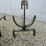 Pair of modernist andirons in forged and hammered steel, French work