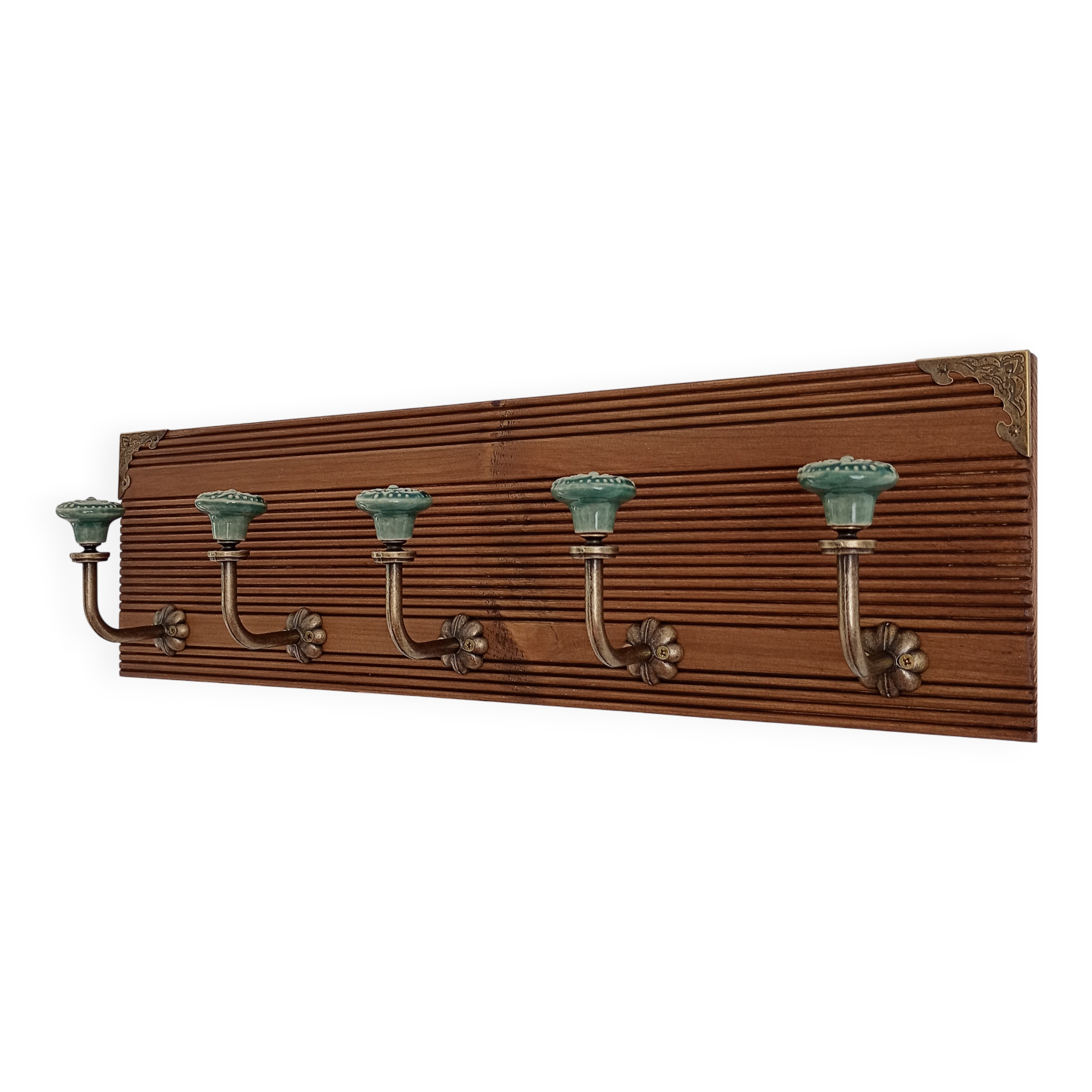 Wall-mounted coat rack 50 cm – 5 ceramic hooks in vintage style green
