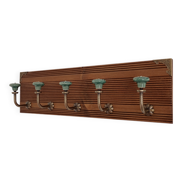Porte-manteau mural 50 cm – 5 patères céramique vert style vintage