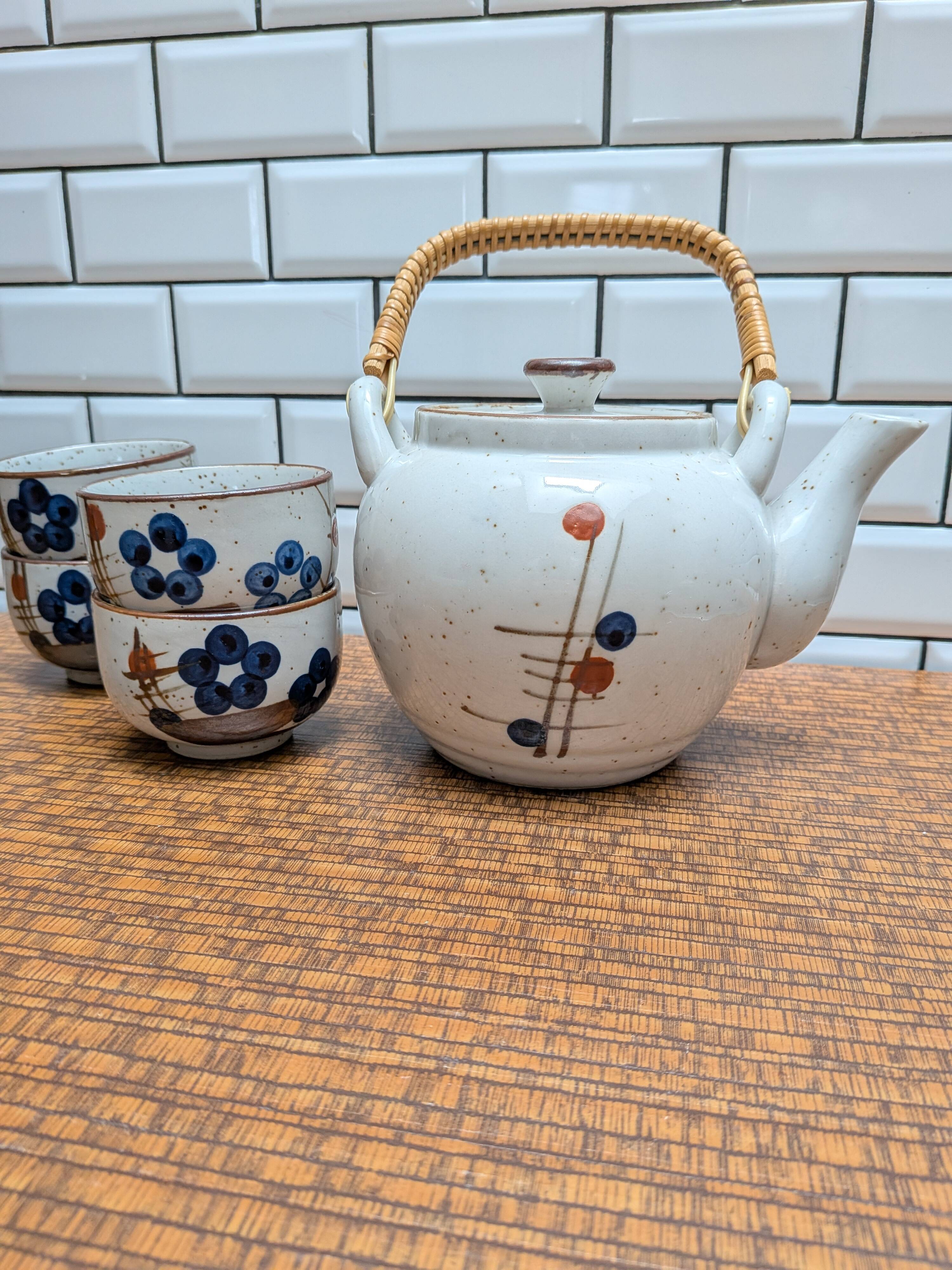 Japanese tea service stoneware bamboo teapot 6 cups 70s hand-painted blueberry