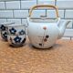 Japanese tea service stoneware bamboo teapot 6 cups 70s hand-painted blueberry
