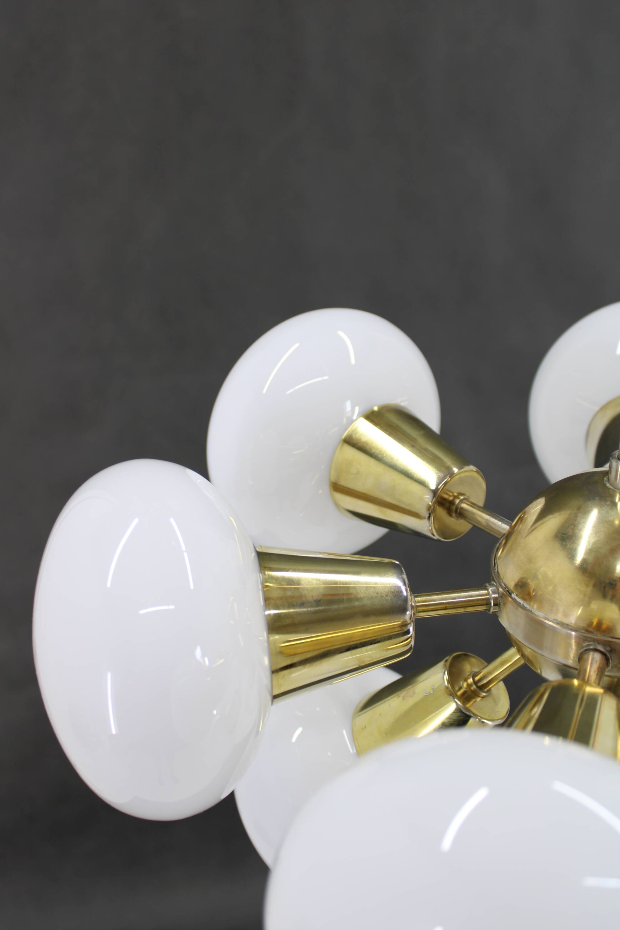 1970s Brass 9-Flamming Chandelier by Sputnik , Czechoslovakia