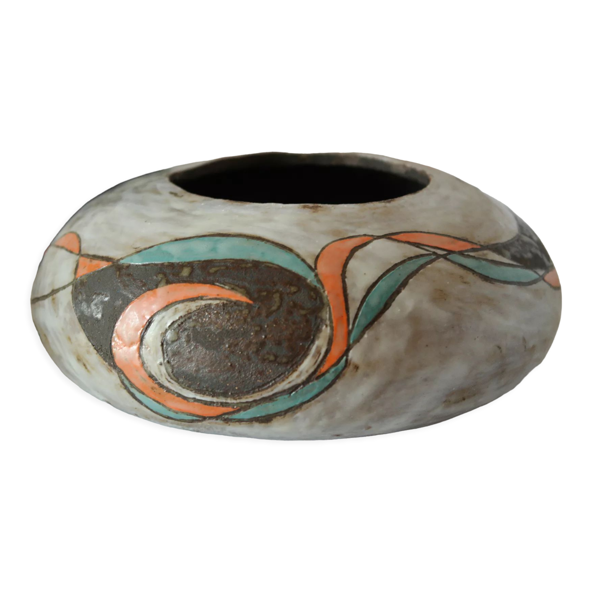 Modernist Raku bowl vase with glaze effect, signed.