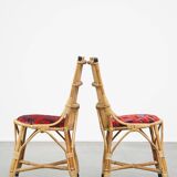 Set of 4 subtle and charming vintage 60s rattan boho chairs with colorful upholstered seats
