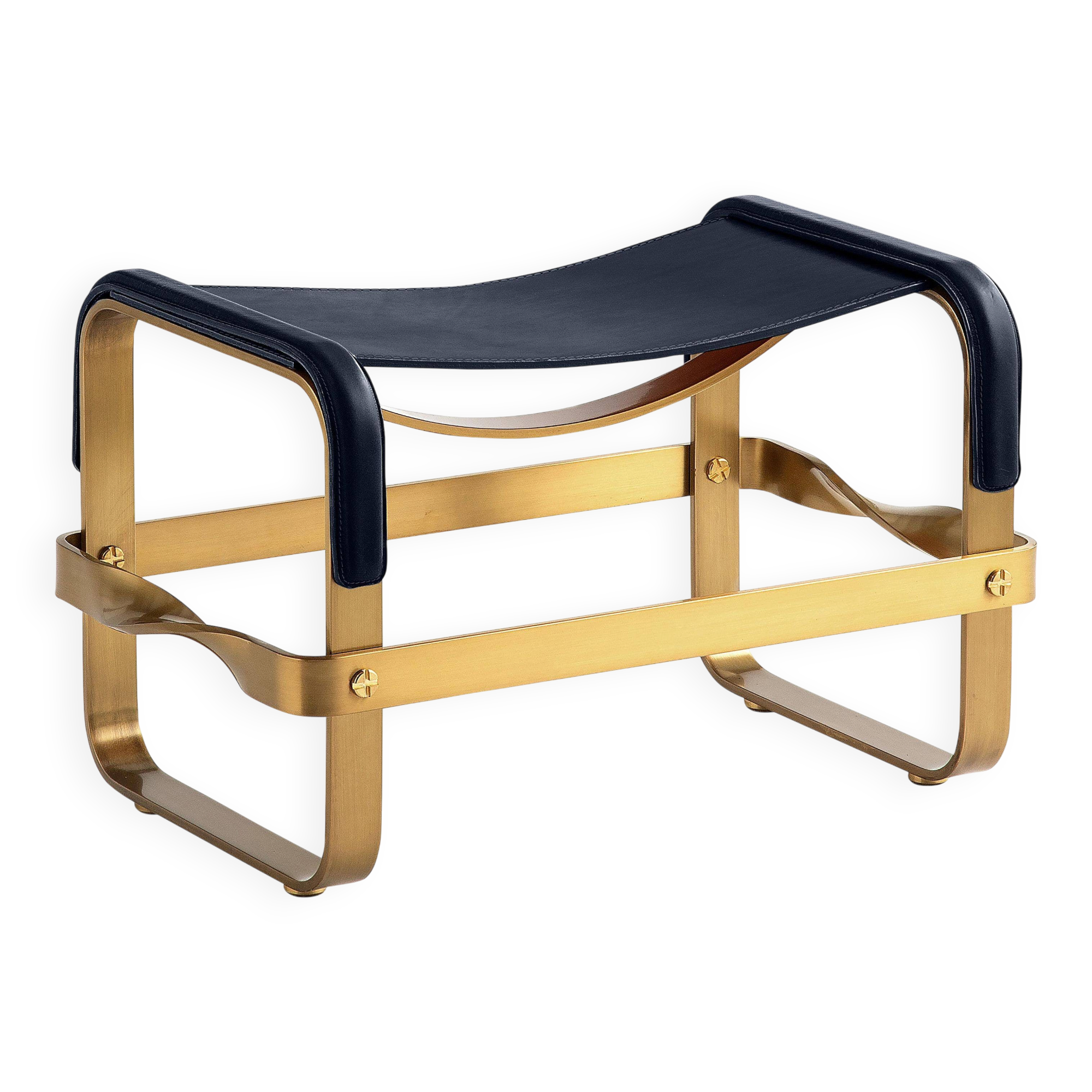 Footrest in Aged Brass and Navy Blue Leather, Contemporary Style