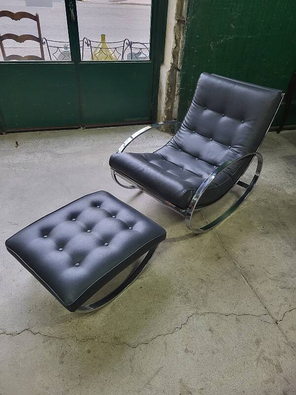 19th century rocking chair + footrest in skyl and chrome metal