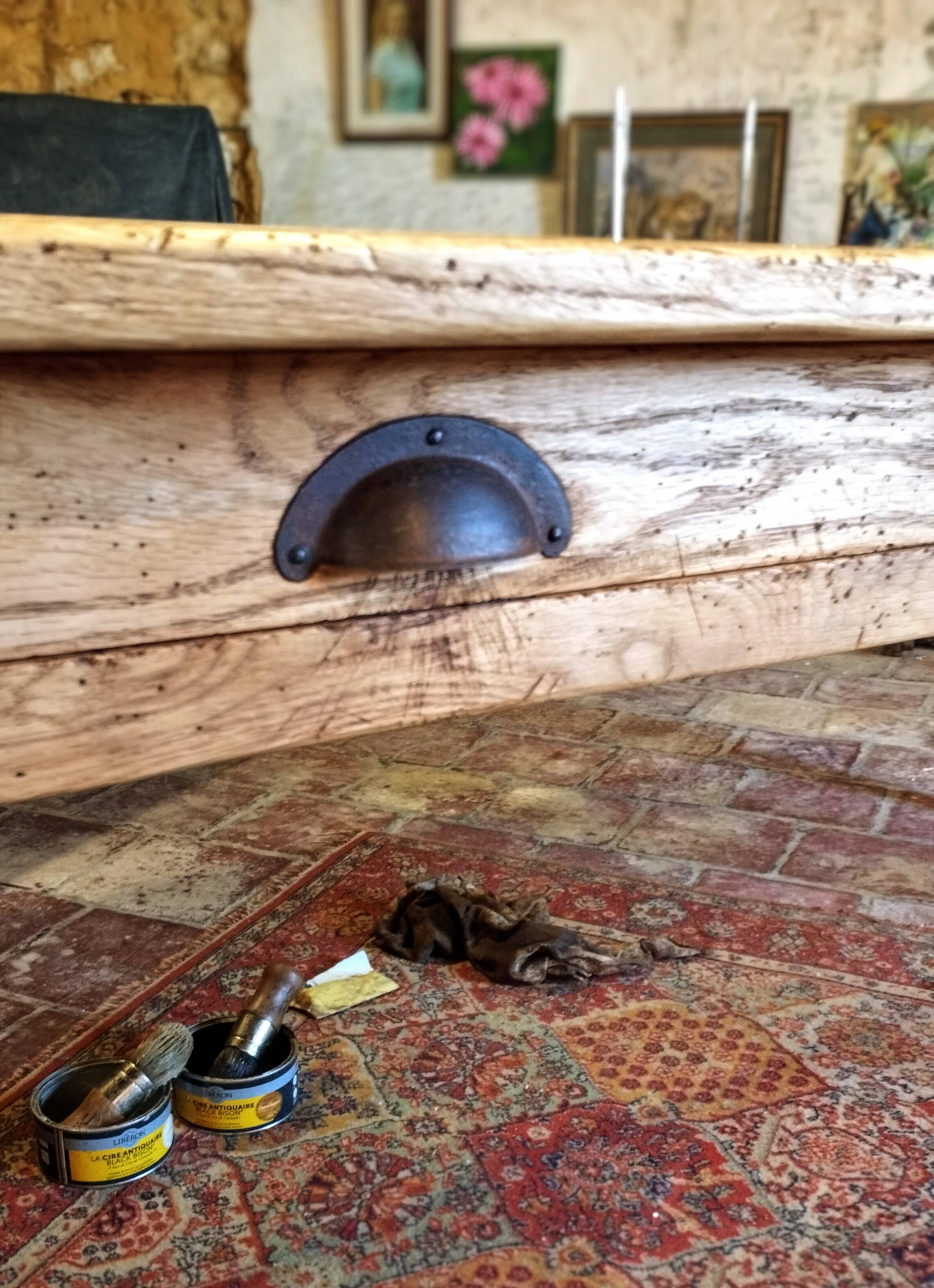 Table de ferme 230 x100 ,chêne clair patiné,
