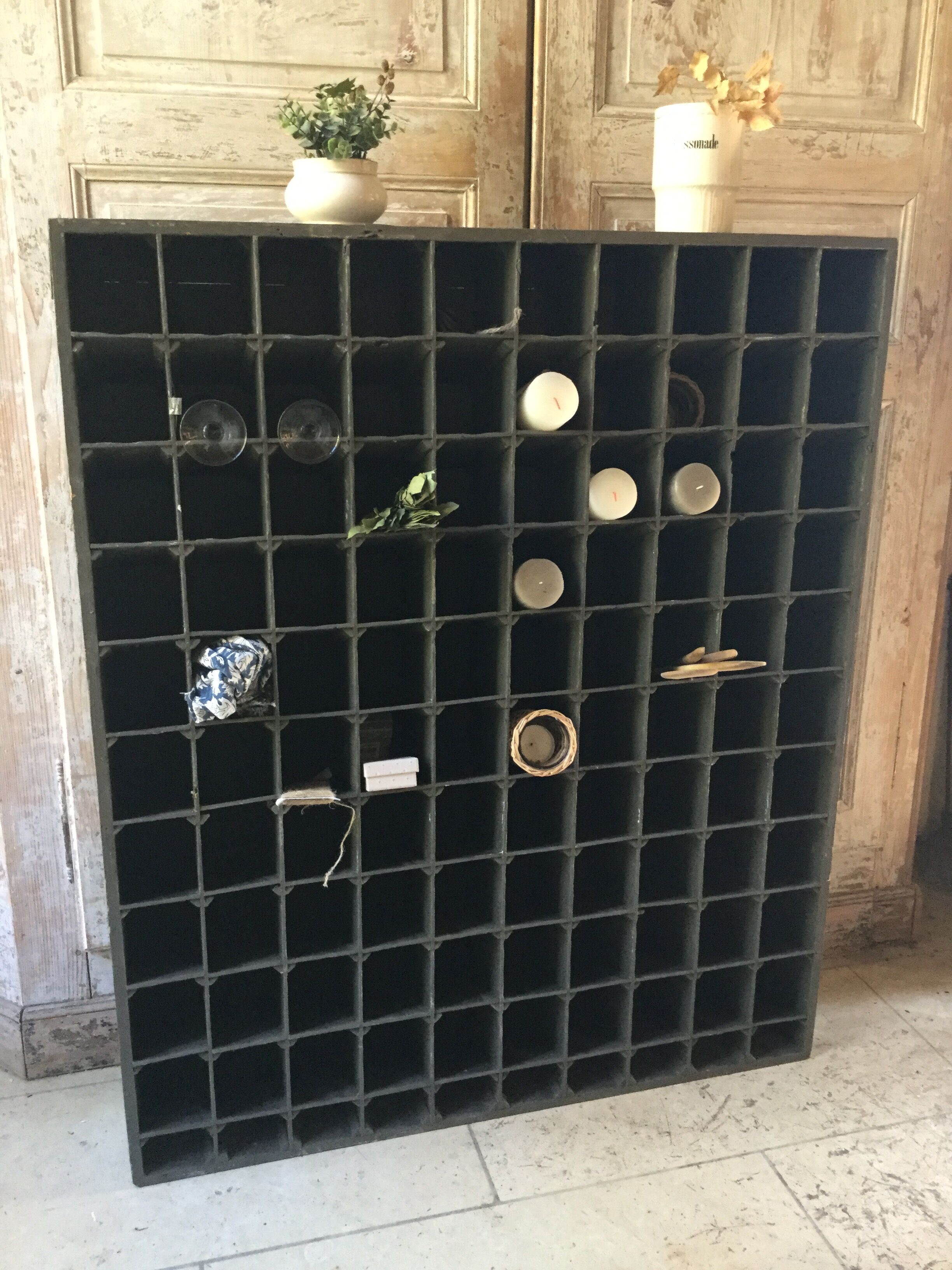 Old wooden shelf door bottle