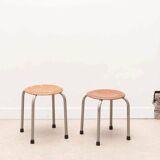 Tabouret vintage galette chêne et pieds gris