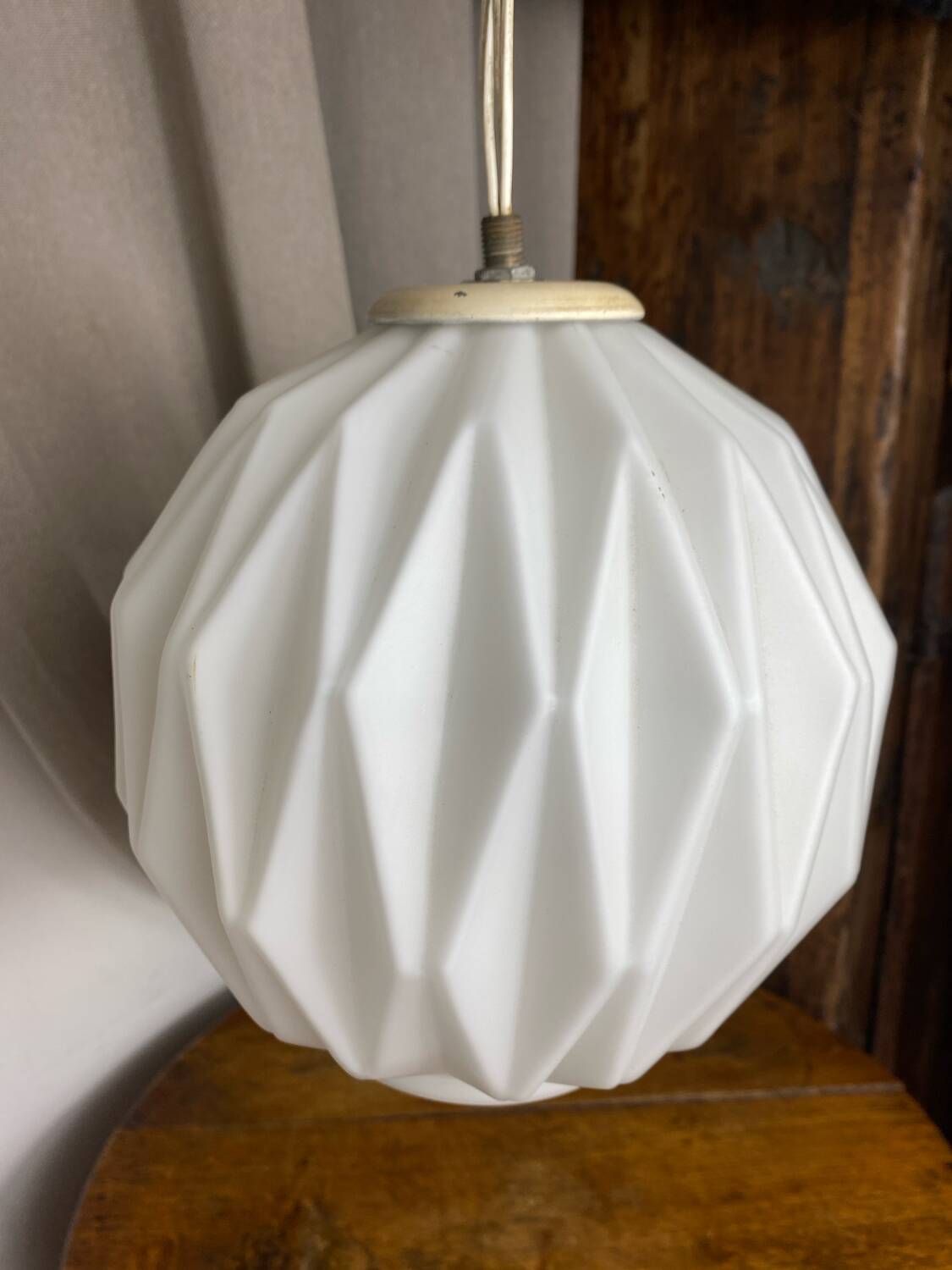 Designer pendant light with geometric opaline glass globe, mid-20th century