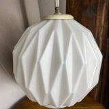 Designer pendant light with geometric opaline glass globe, mid-20th century
