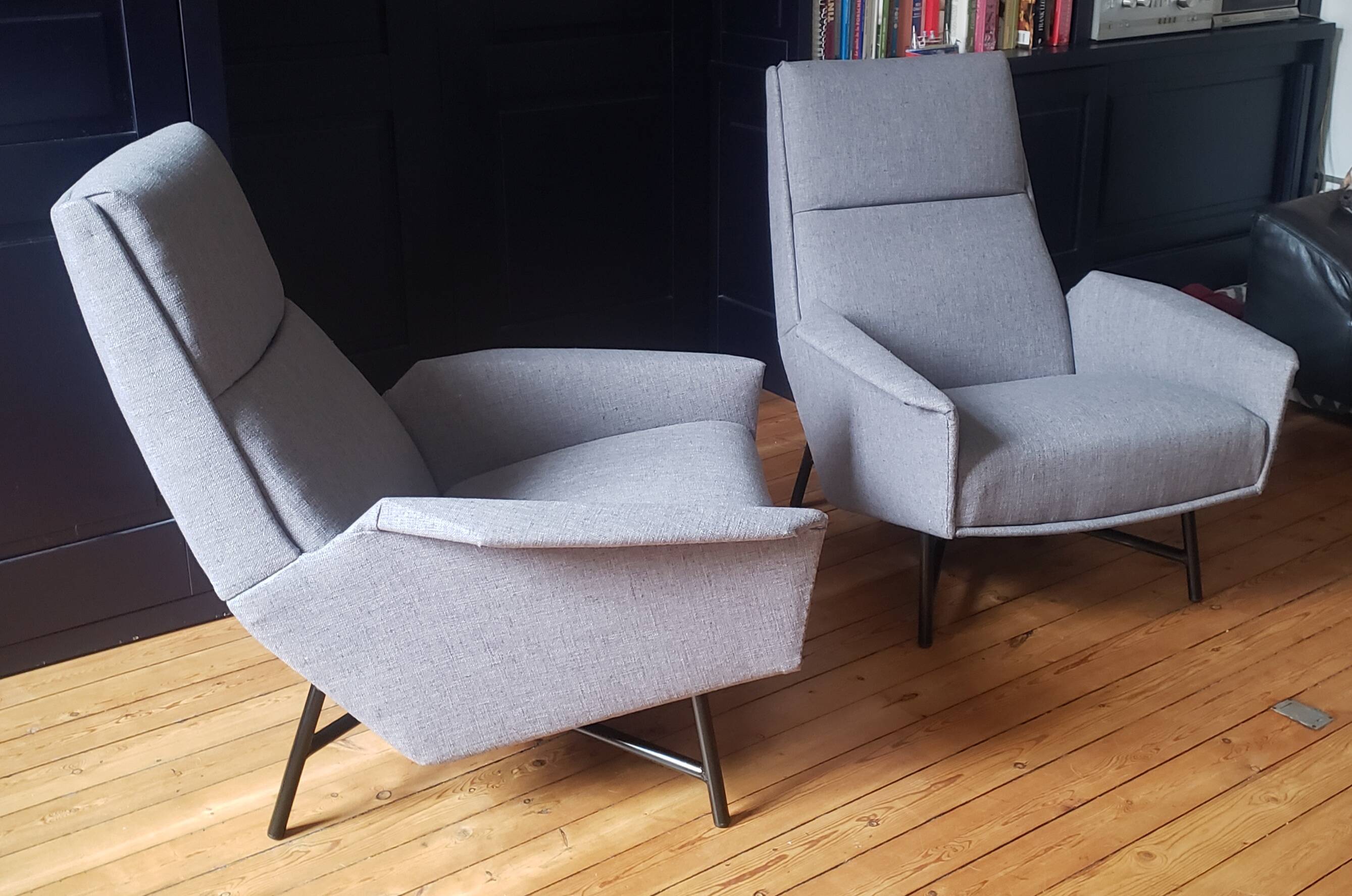 Pair of Guy Besnard armchairs, France 1960, new fabric