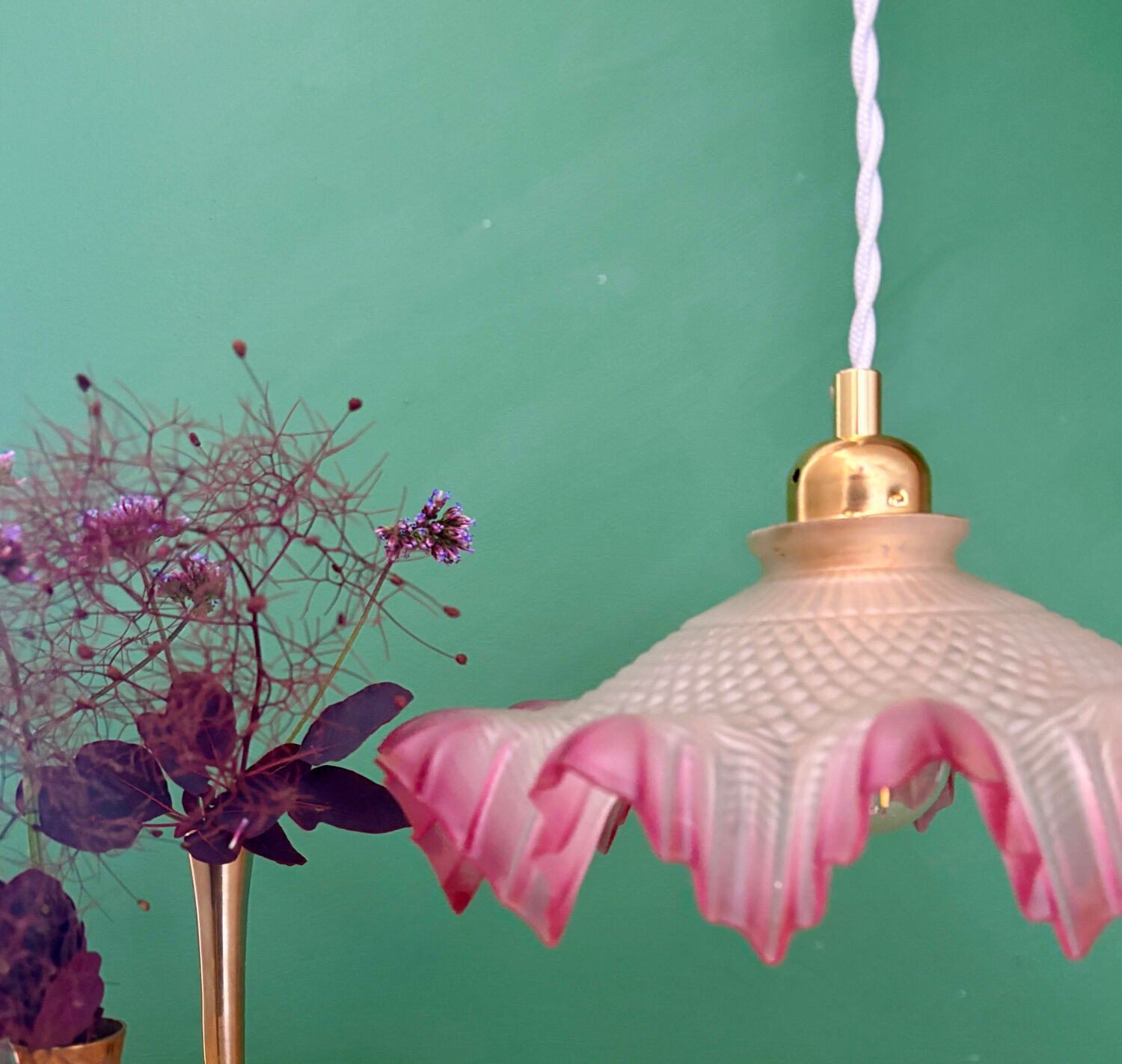 Vintage frosted glass pendant lampshade, half pink, half transparent