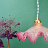 Vintage frosted glass pendant lampshade, half pink, half transparent
