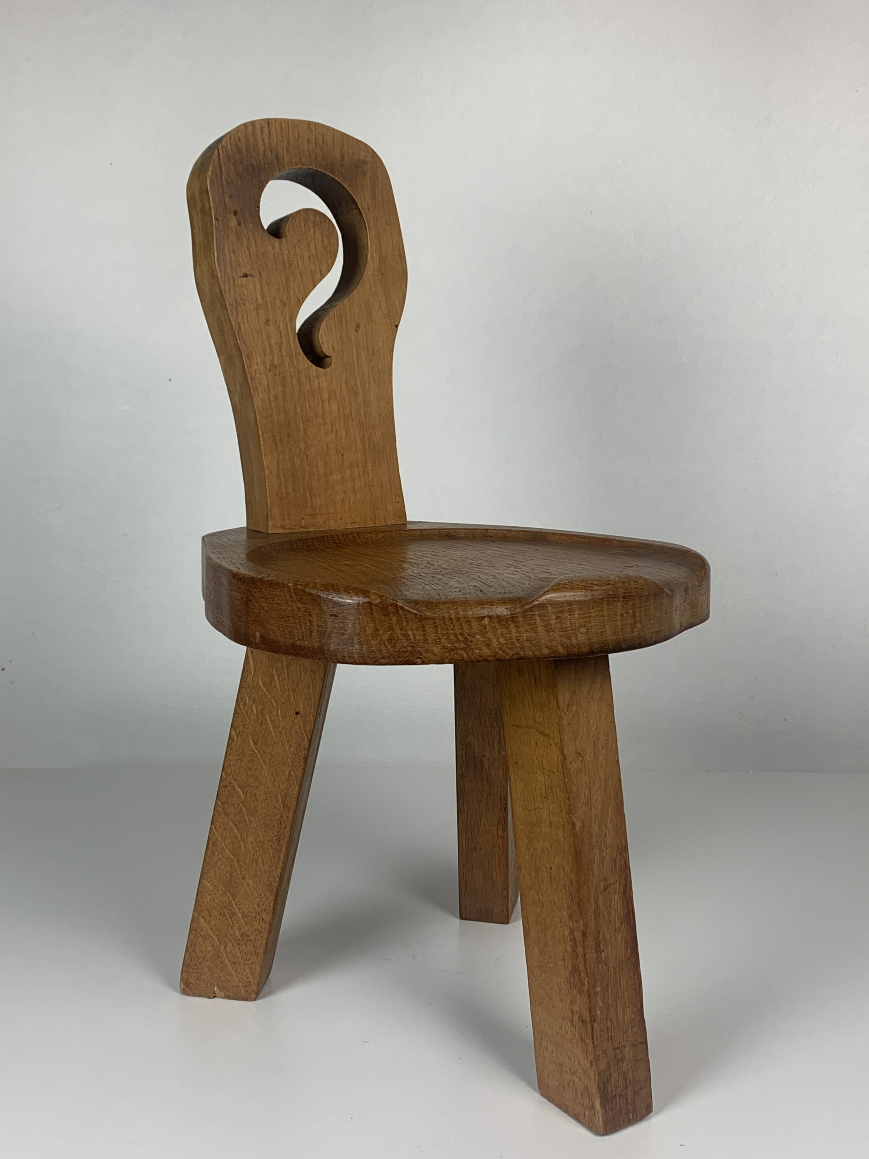 Sculptural Brutalist Chunky Tripod Stool in Oak, 1960s