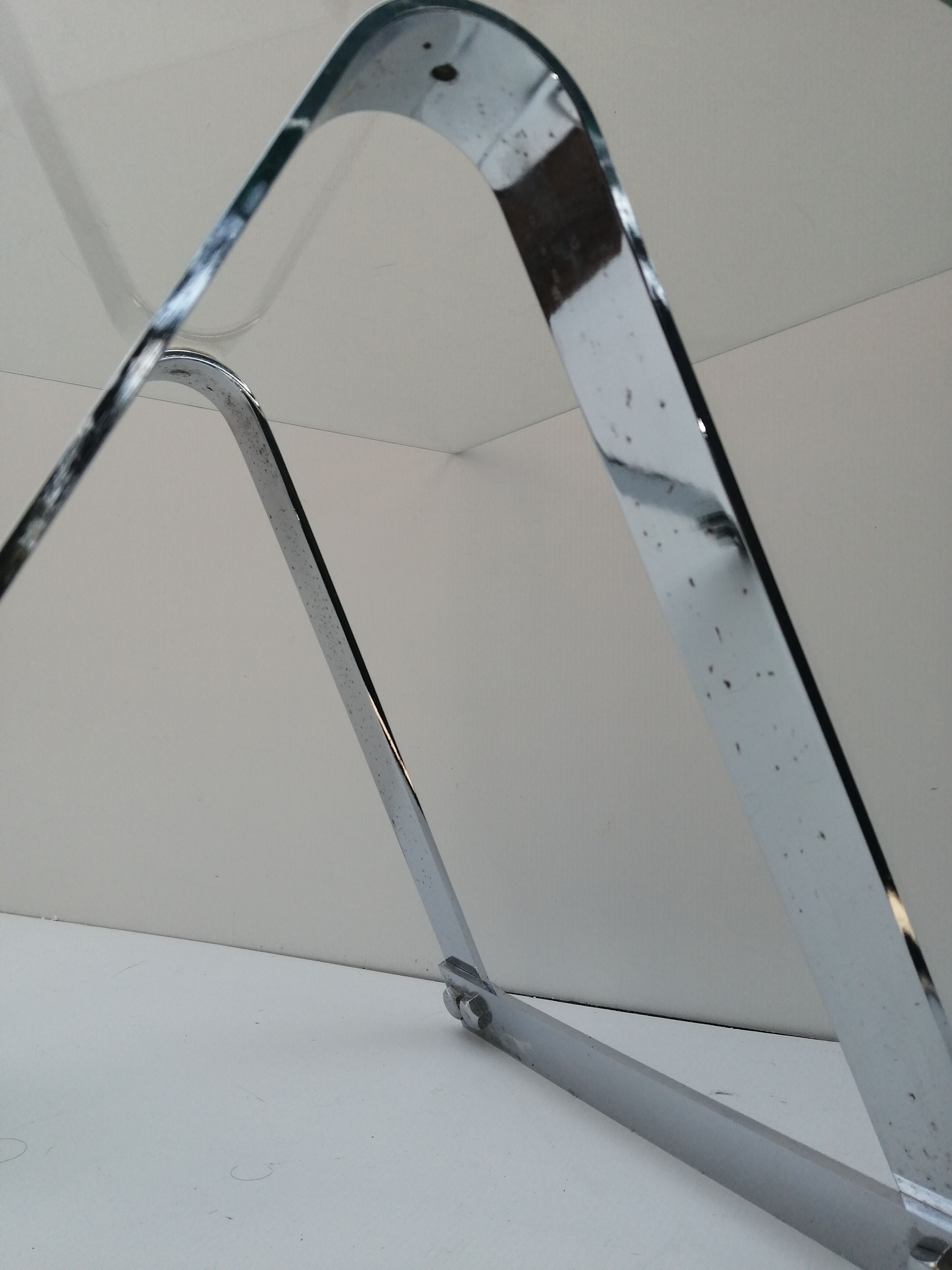 Glass and chrome coffee table, trestle legs, vintage 1960-1970