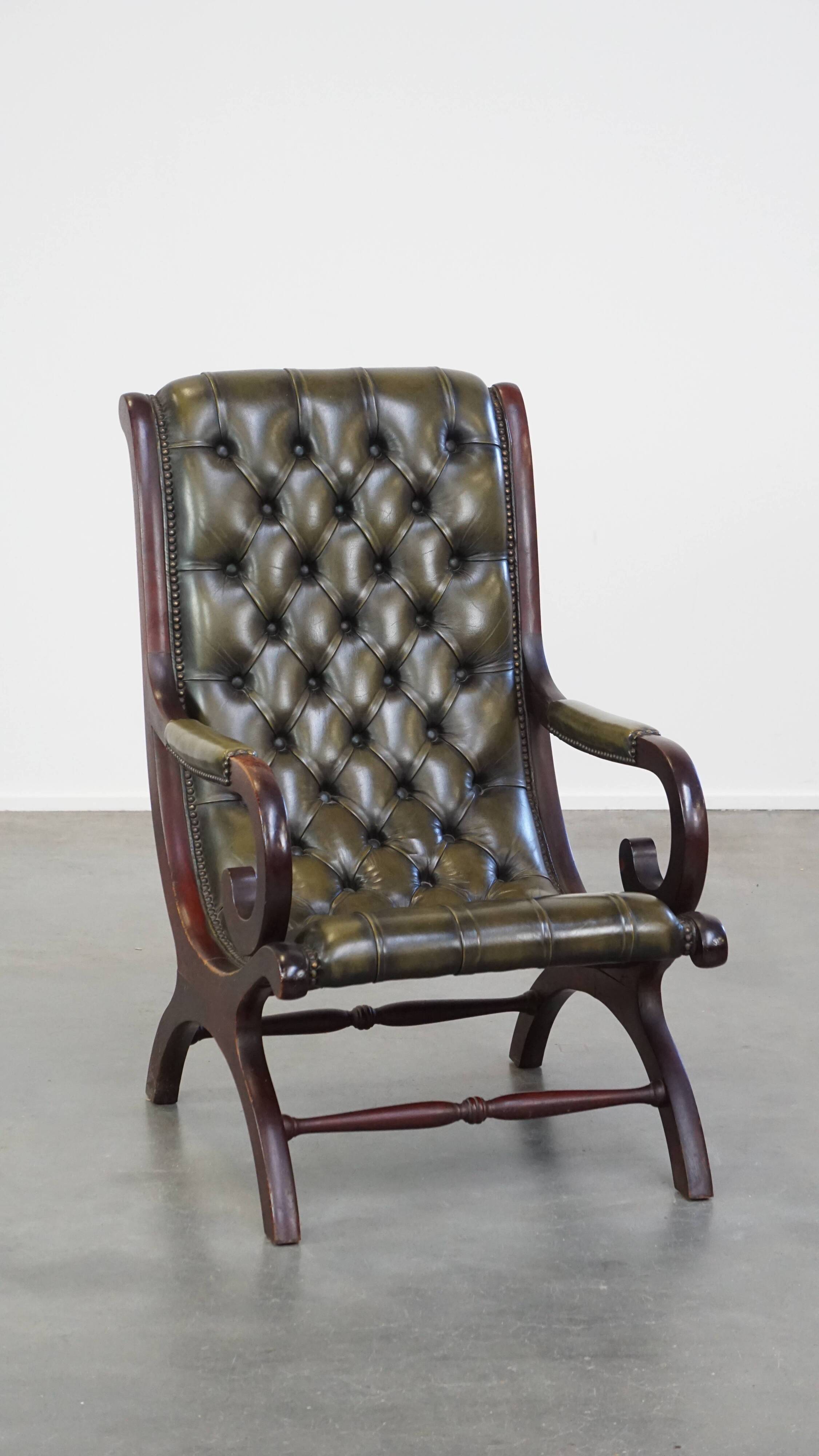 Green cow leather chesterfield armchair combined with wood