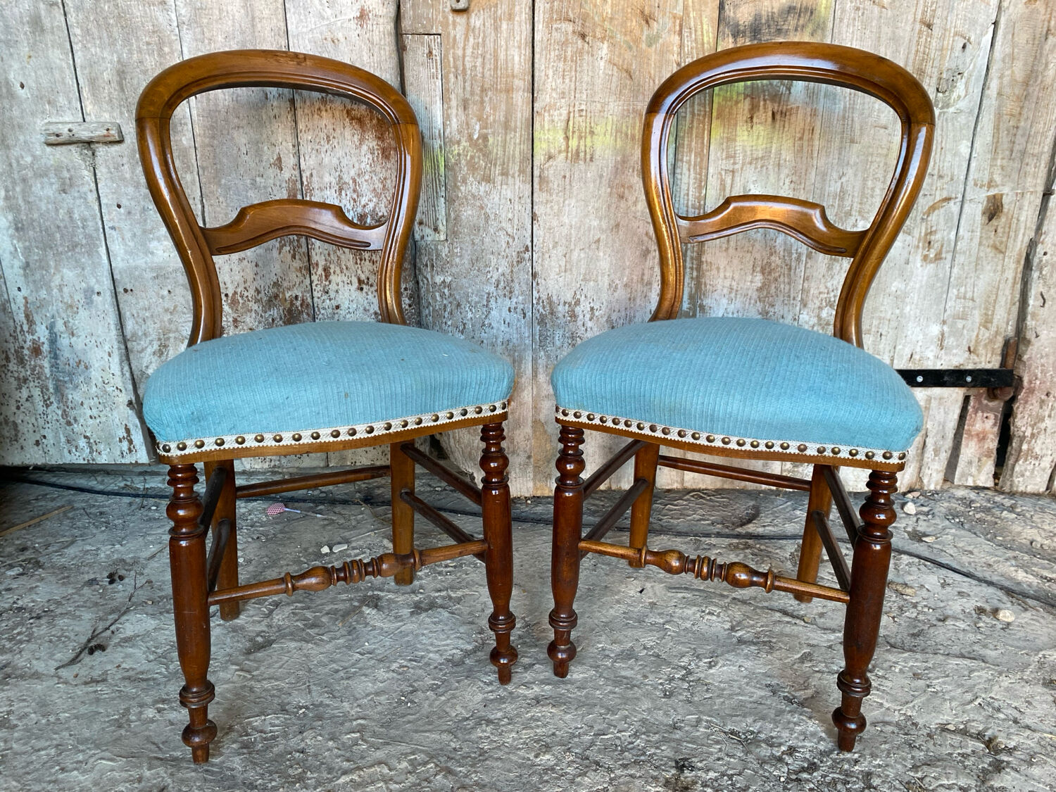 Pair of antique louis philippe chairs wood + blue vintage fabric seat