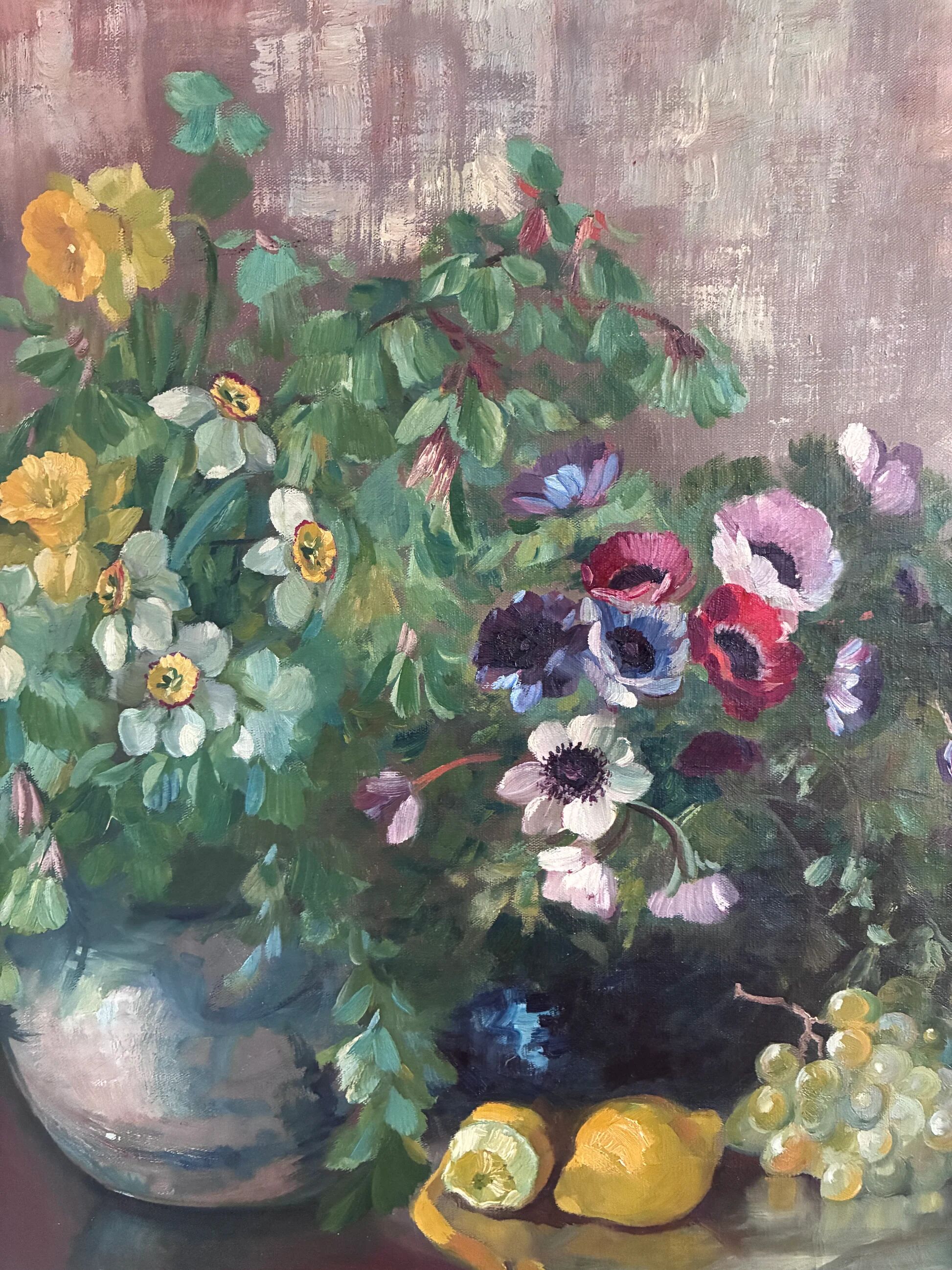 Large vintage original floral still life painting with fruit